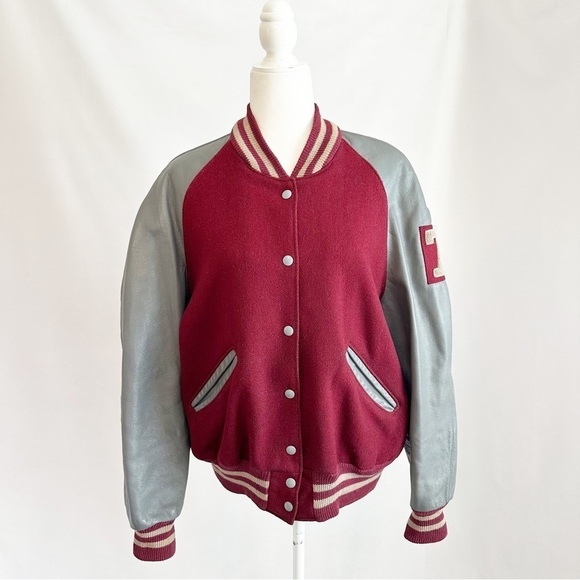 Vintage 50s Leather Wool 71 Varsity Letterman Jacket Snap Button Burgundy 42 Med - Picture 2 of 16
